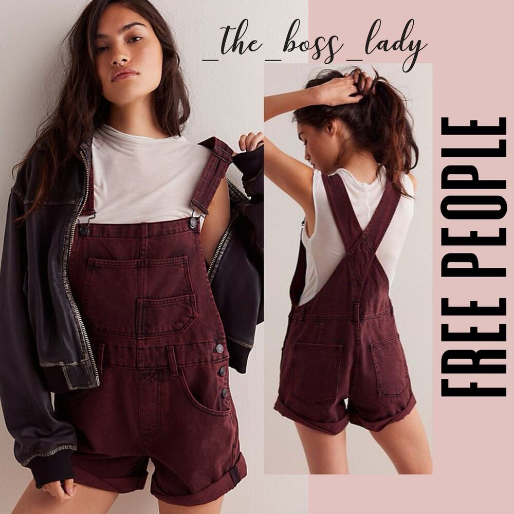 Free People Dark Red Short Overalls